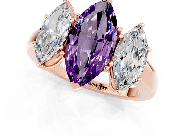 Rose gold Marquise Cut Amethyst Three-Stone Ring with Four-Prong Setting and Classic Band