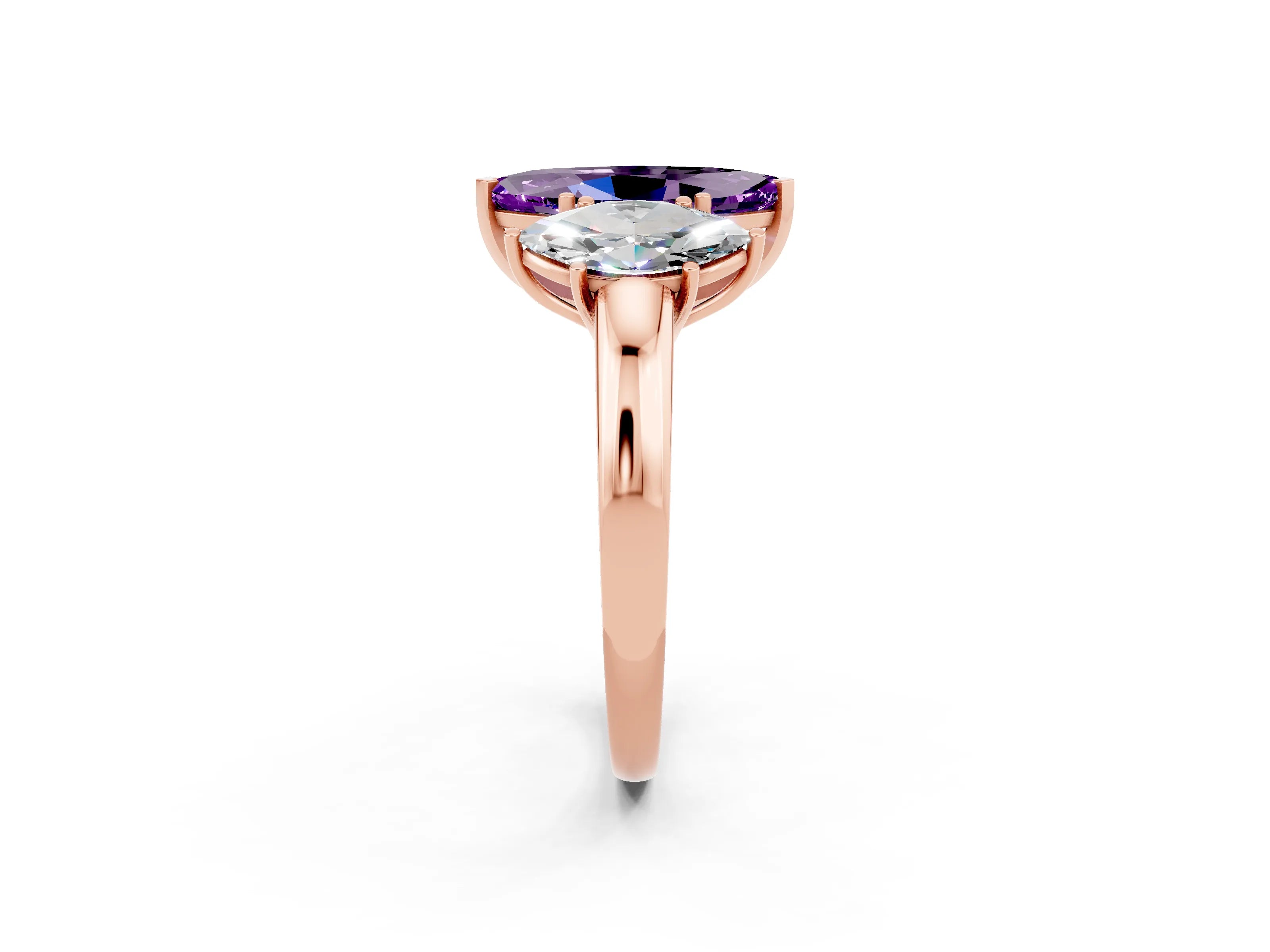 Rose gold Marquise Cut Amethyst Three-Stone Ring with Four-Prong Setting and Classic Band_2