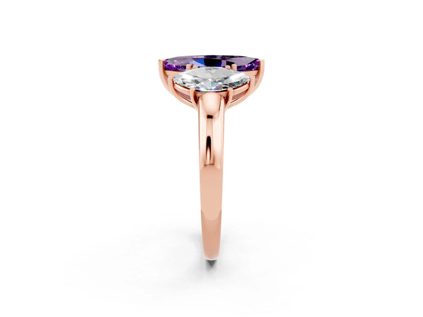 Rose gold Marquise Cut Amethyst Three-Stone Ring with Four-Prong Setting and Classic Band