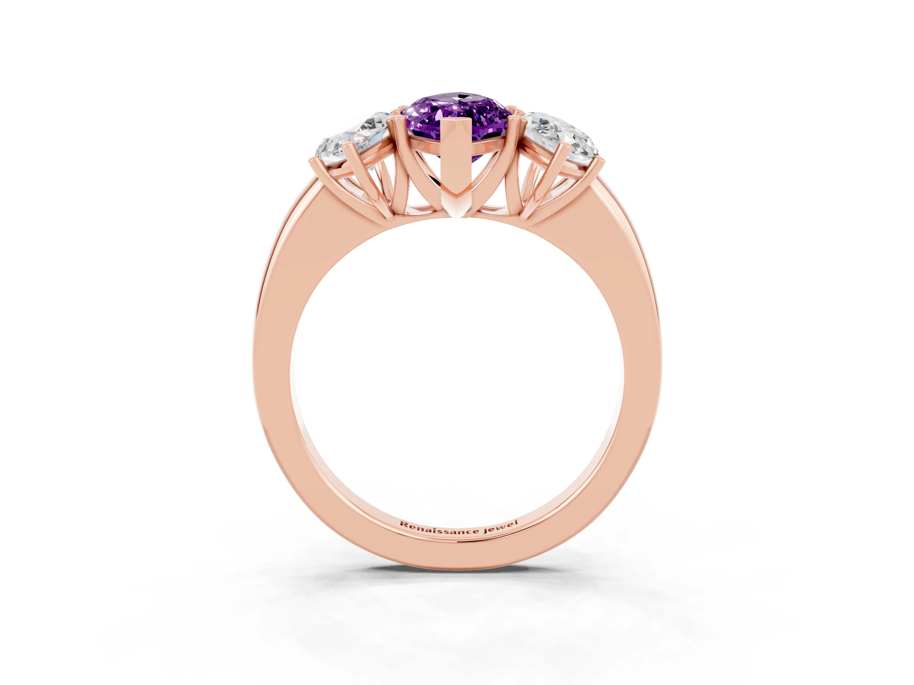 Rose gold Marquise Cut Amethyst Three-Stone Ring with Four-Prong Setting and Classic Band_3