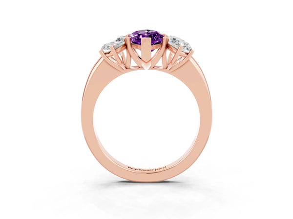 Rose gold Marquise Cut Amethyst Three-Stone Ring with Four-Prong Setting and Classic Band