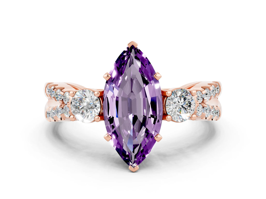 Rose gold Marquise Cut Amethyst Three-Stone Ring with Pavé Split Shank and Four-Prong Setting_12