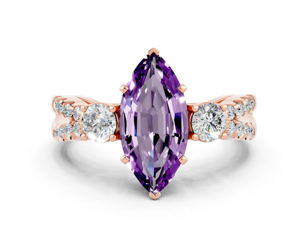 Rose gold Marquise Cut Amethyst Three-Stone Ring with Pavé Split Shank and Four-Prong Setting