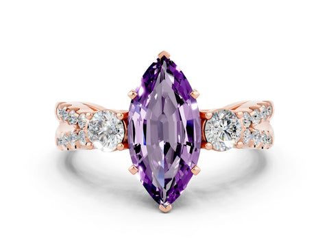 Rose gold Marquise Cut Amethyst Three-Stone Ring with Pavé Split Shank and Four-Prong Setting_12