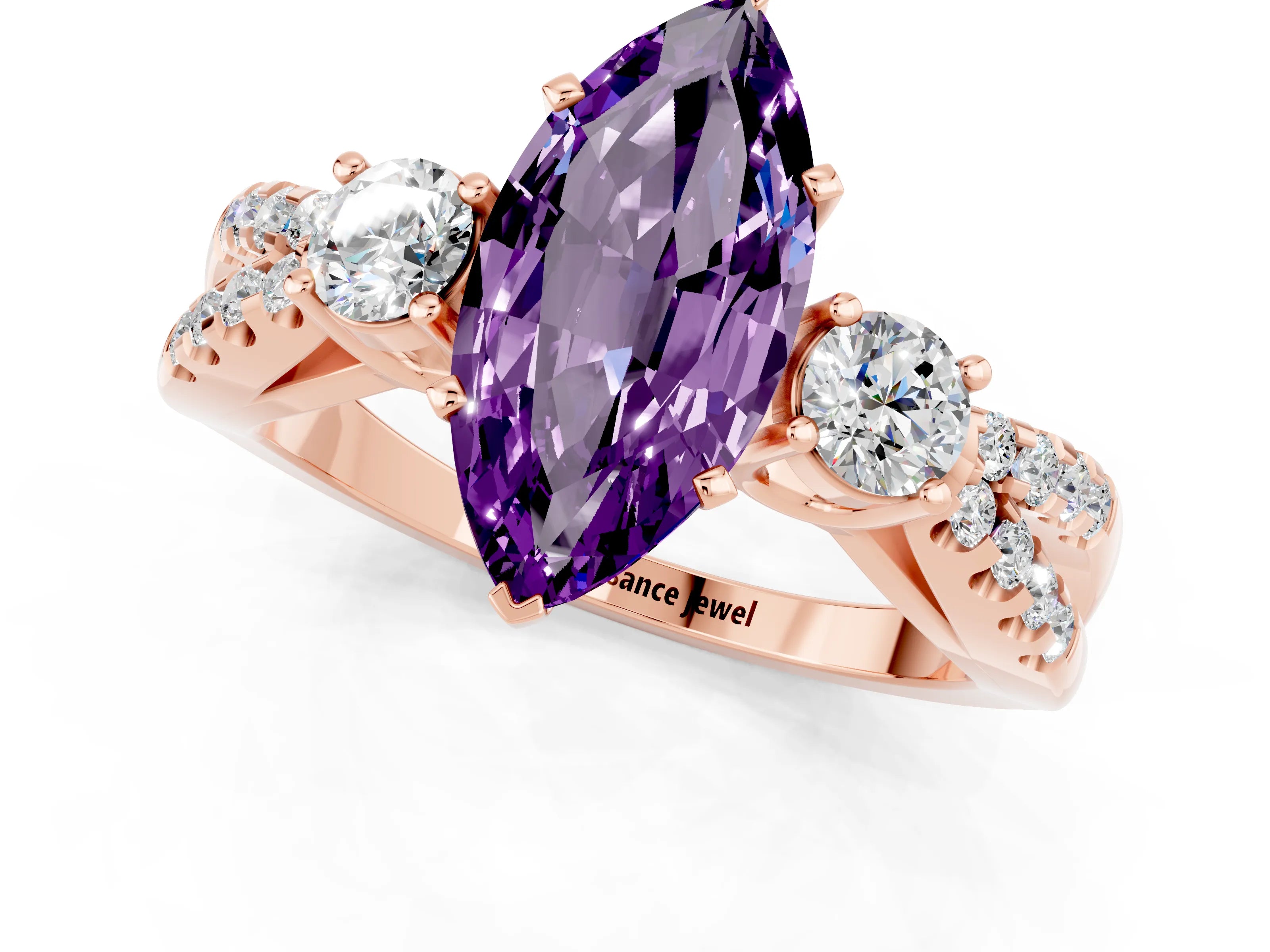 Rose gold Marquise Cut Amethyst Three-Stone Ring with Pavé Split Shank and Four-Prong Setting_13