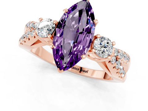 Rose gold Marquise Cut Amethyst Three-Stone Ring with Pavé Split Shank and Four-Prong Setting_13