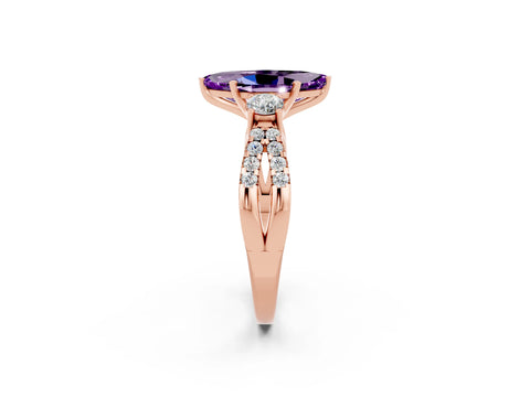 Rose gold Marquise Cut Amethyst Three-Stone Ring with Pavé Split Shank and Four-Prong Setting_14
