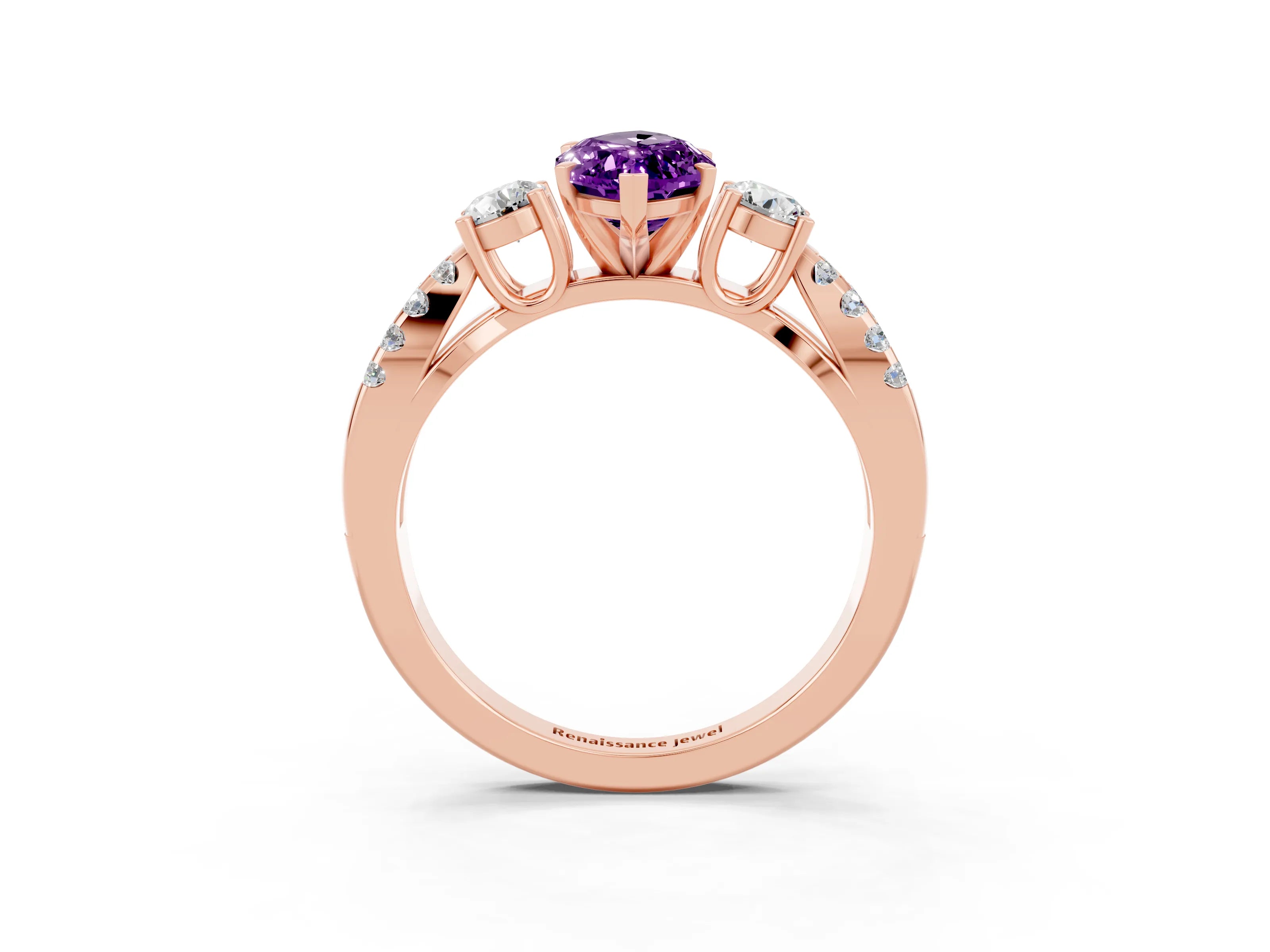 Rose gold Marquise Cut Amethyst Three-Stone Ring with Pavé Split Shank and Four-Prong Setting_15
