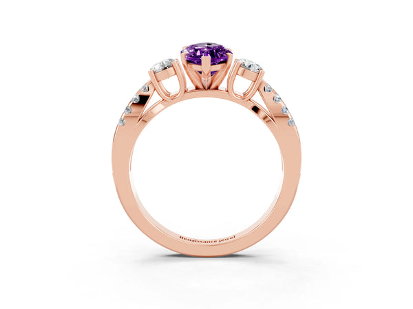 Rose gold Marquise Cut Amethyst Three-Stone Ring with Pavé Split Shank and Four-Prong Setting