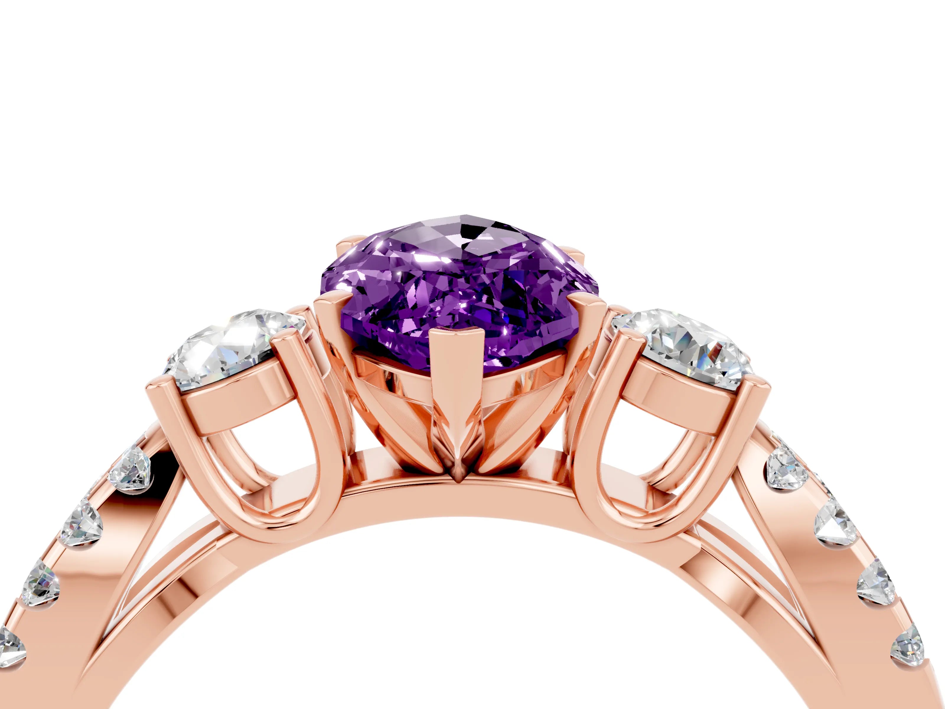 Rose gold Marquise Cut Amethyst Three-Stone Ring with Pavé Split Shank and Four-Prong Setting_16