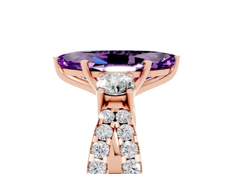 Rose gold Marquise Cut Amethyst Three-Stone Ring with Pavé Split Shank and Four-Prong Setting_17