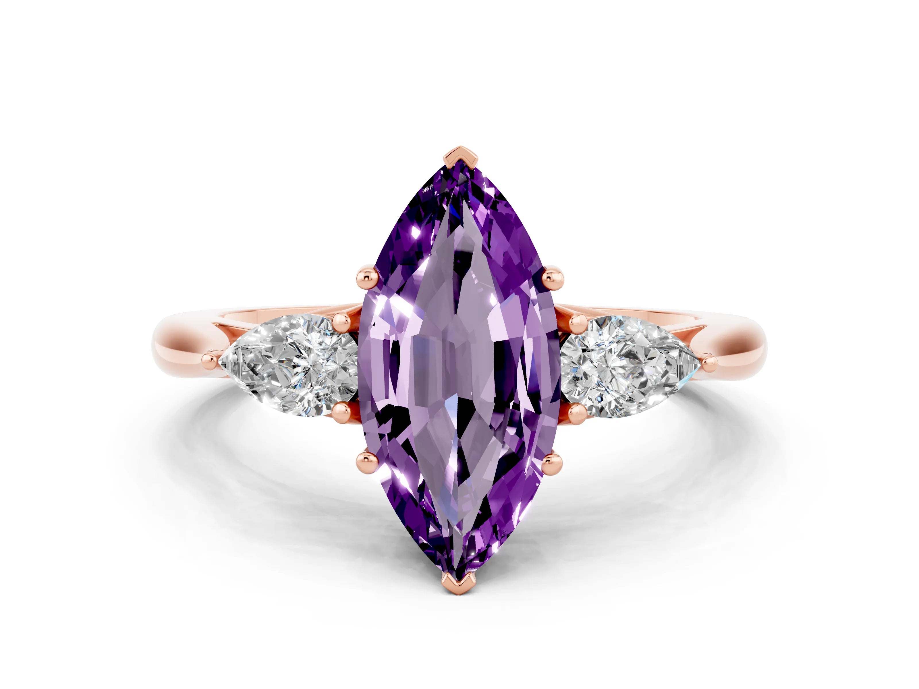Rose gold Marquise Cut Amethyst Three-Stone Ring with Pear Side Stones and Four-Prong Setting_12