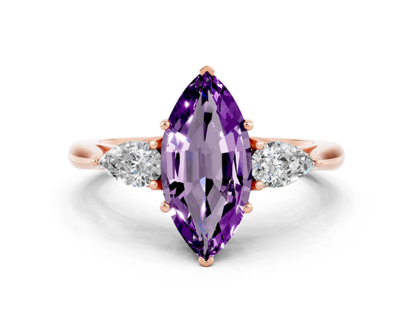 Rose gold Marquise Cut Amethyst Three-Stone Ring with Pear Side Stones and Prong Setting