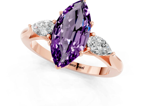 Rose gold Marquise Cut Amethyst Three-Stone Ring with Pear Side Stones and Prong Setting