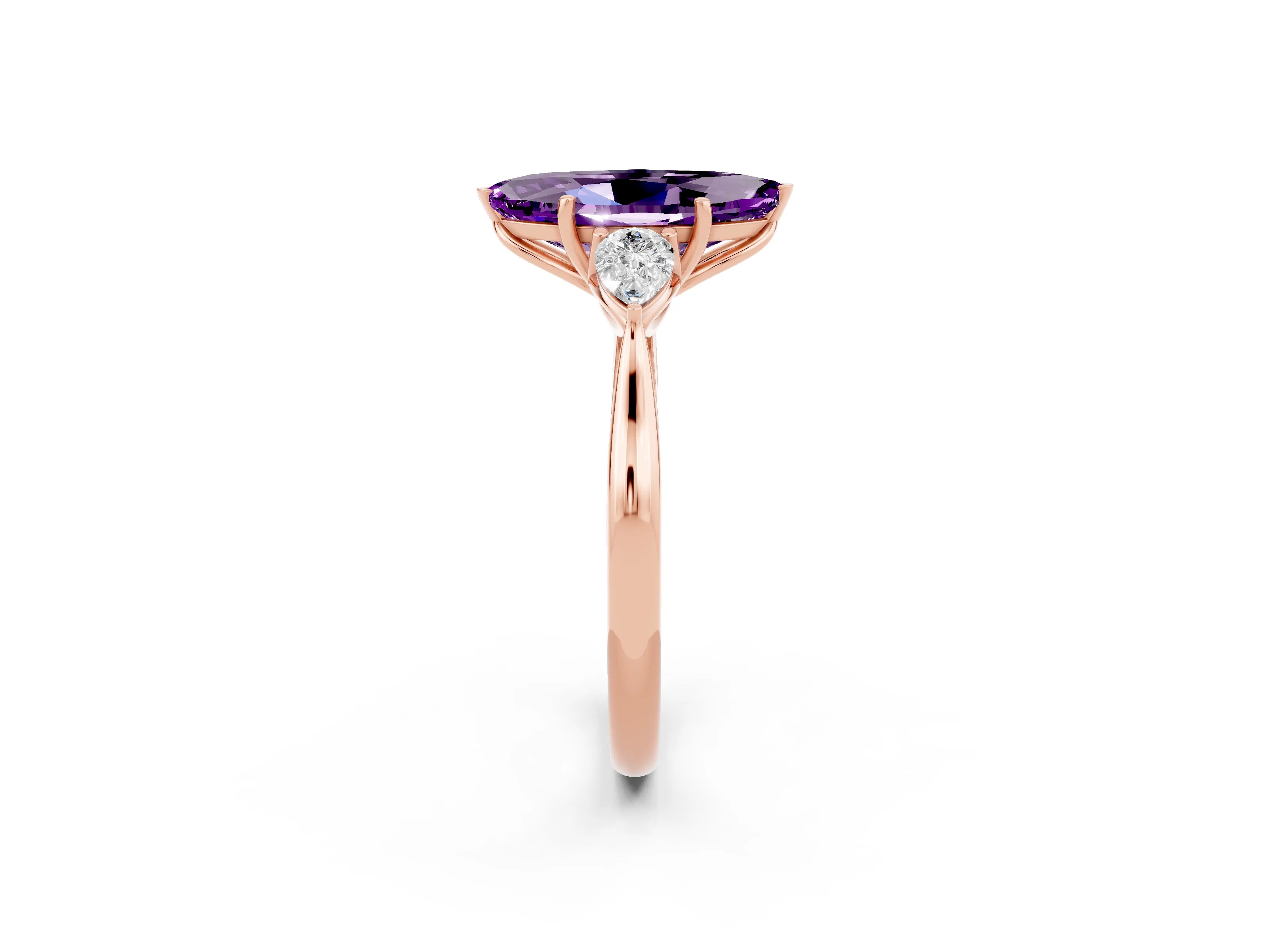 Rose gold Marquise Cut Amethyst Three-Stone Ring with Pear Side Stones and Four-Prong Setting_14