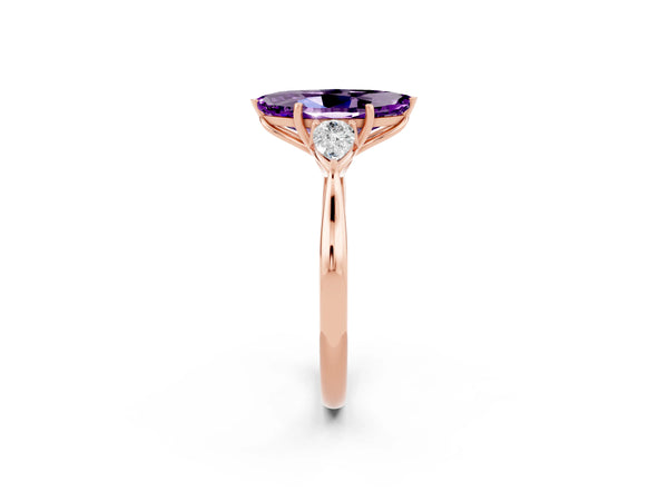 Rose gold Marquise Cut Amethyst Three-Stone Ring with Pear Side Stones and Prong Setting