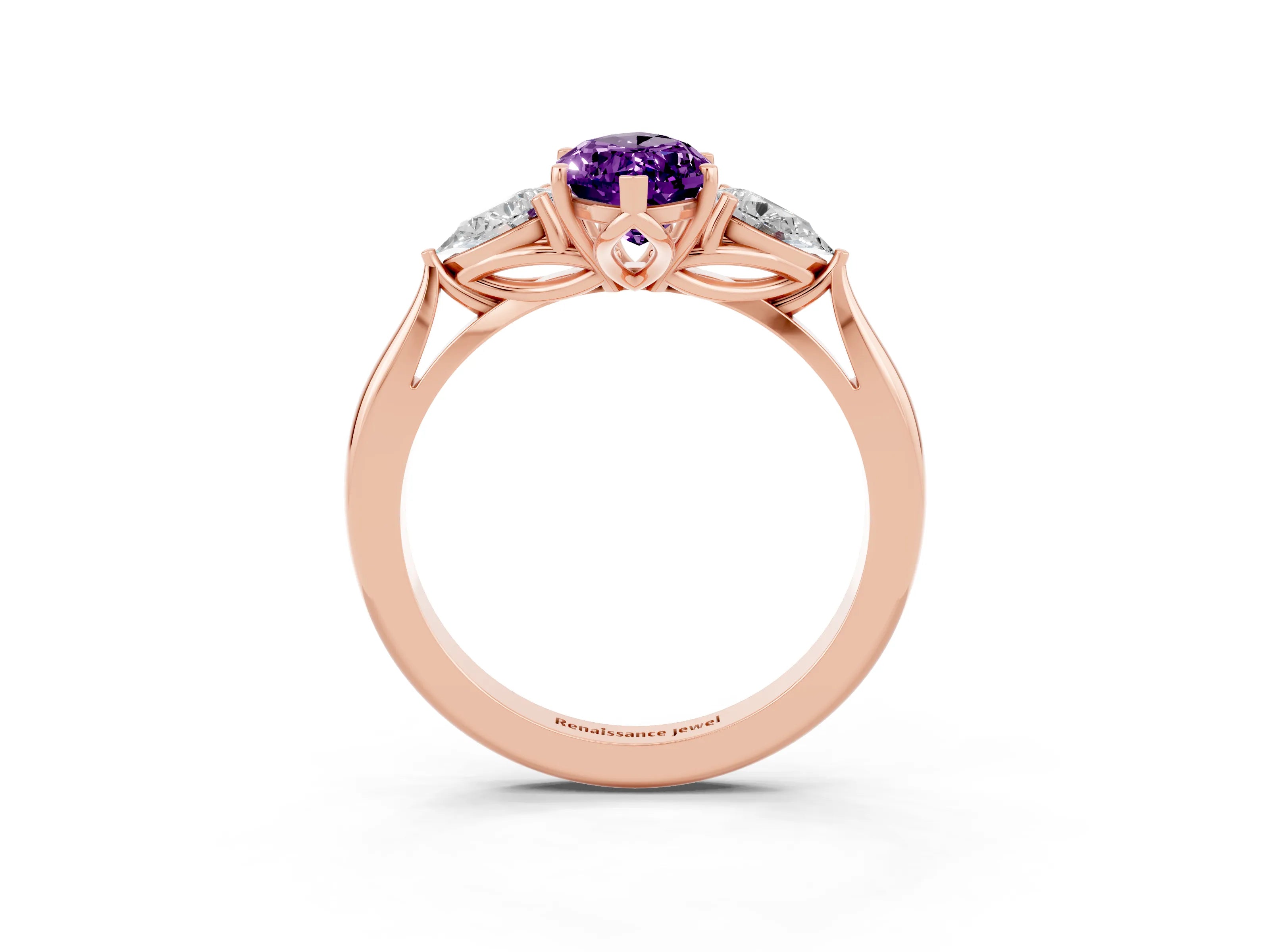 Rose gold Marquise Cut Amethyst Three-Stone Ring with Pear Side Stones and Four-Prong Setting_15