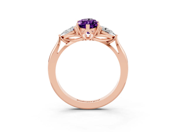 Rose gold Marquise Cut Amethyst Three-Stone Ring with Pear Side Stones and Prong Setting