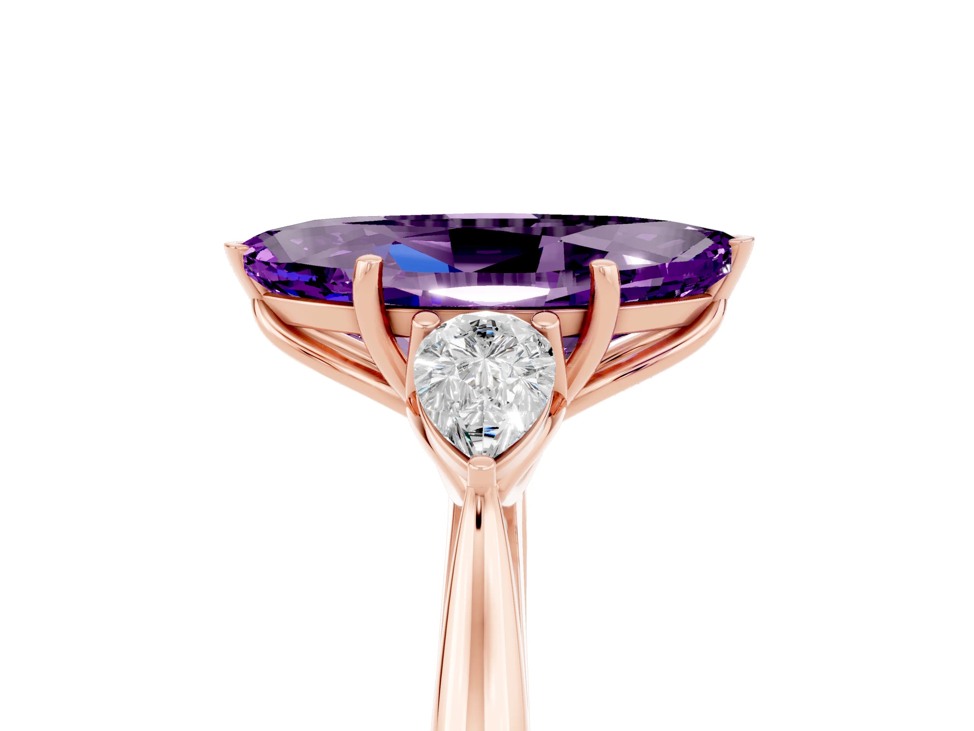 Rose gold Marquise Cut Amethyst Three-Stone Ring with Pear Side Stones and Four-Prong Setting_17