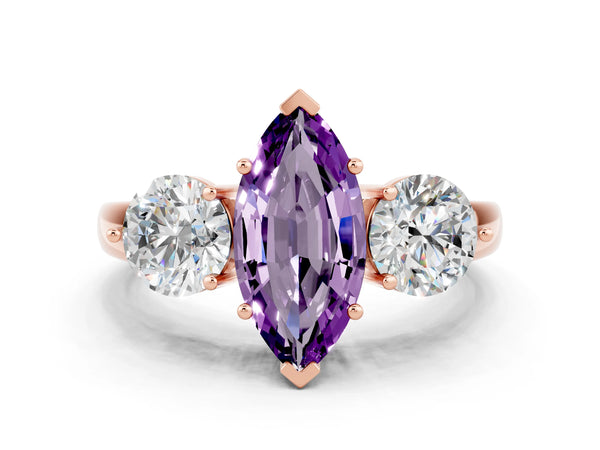 Rose gold Marquise Cut Amethyst Three-Stone Ring with Prong Setting and Classic Band