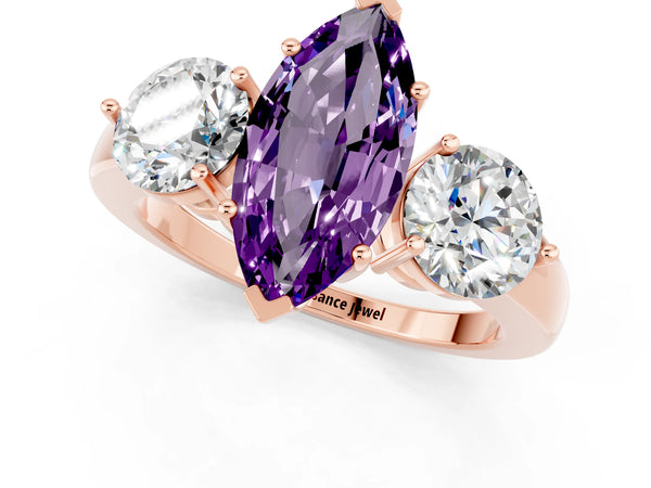 Rose gold Marquise Cut Amethyst Three-Stone Ring with Prong Setting and Classic Band