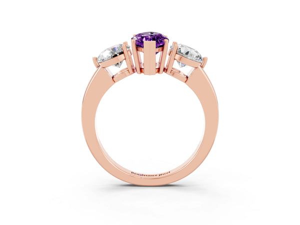 Rose gold Marquise Cut Amethyst Three-Stone Ring with Prong Setting and Classic Band