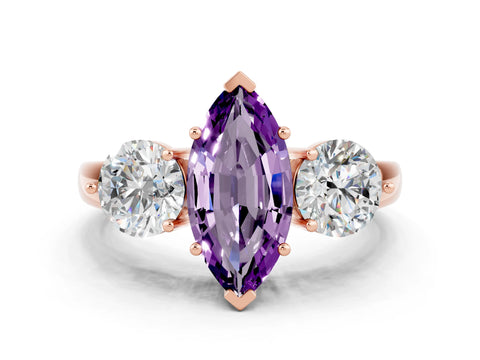 Rose gold Marquise Cut Amethyst Three-Stone Ring with Prong Setting and Classic Band