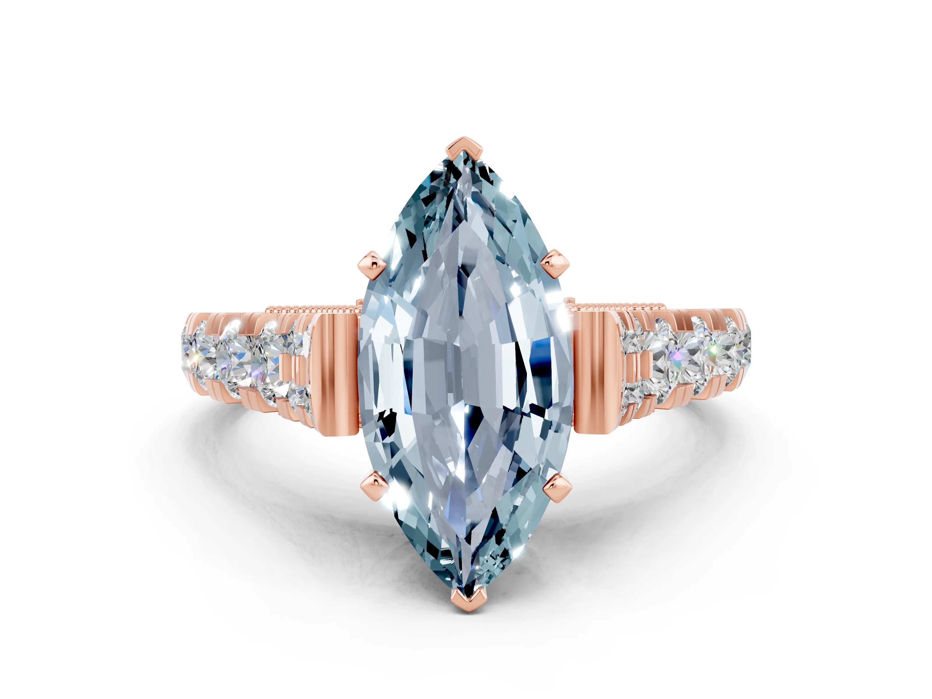 Rose gold Marquise Cut Aquamarine Classic Solitaire Ring with Pavé Band and Four-Prong Setting