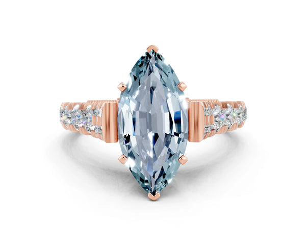 Rose gold Marquise Cut Aquamarine Classic Solitaire Ring with Pavé Band and Four-Prong Setting
