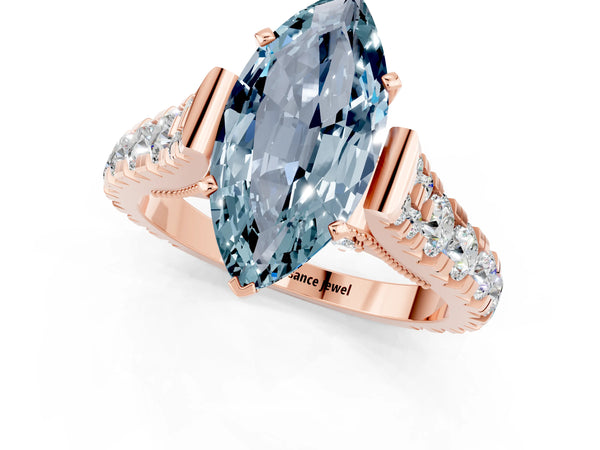 Rose gold Marquise Cut Aquamarine Classic Solitaire Ring with Pavé Band and Four-Prong Setting