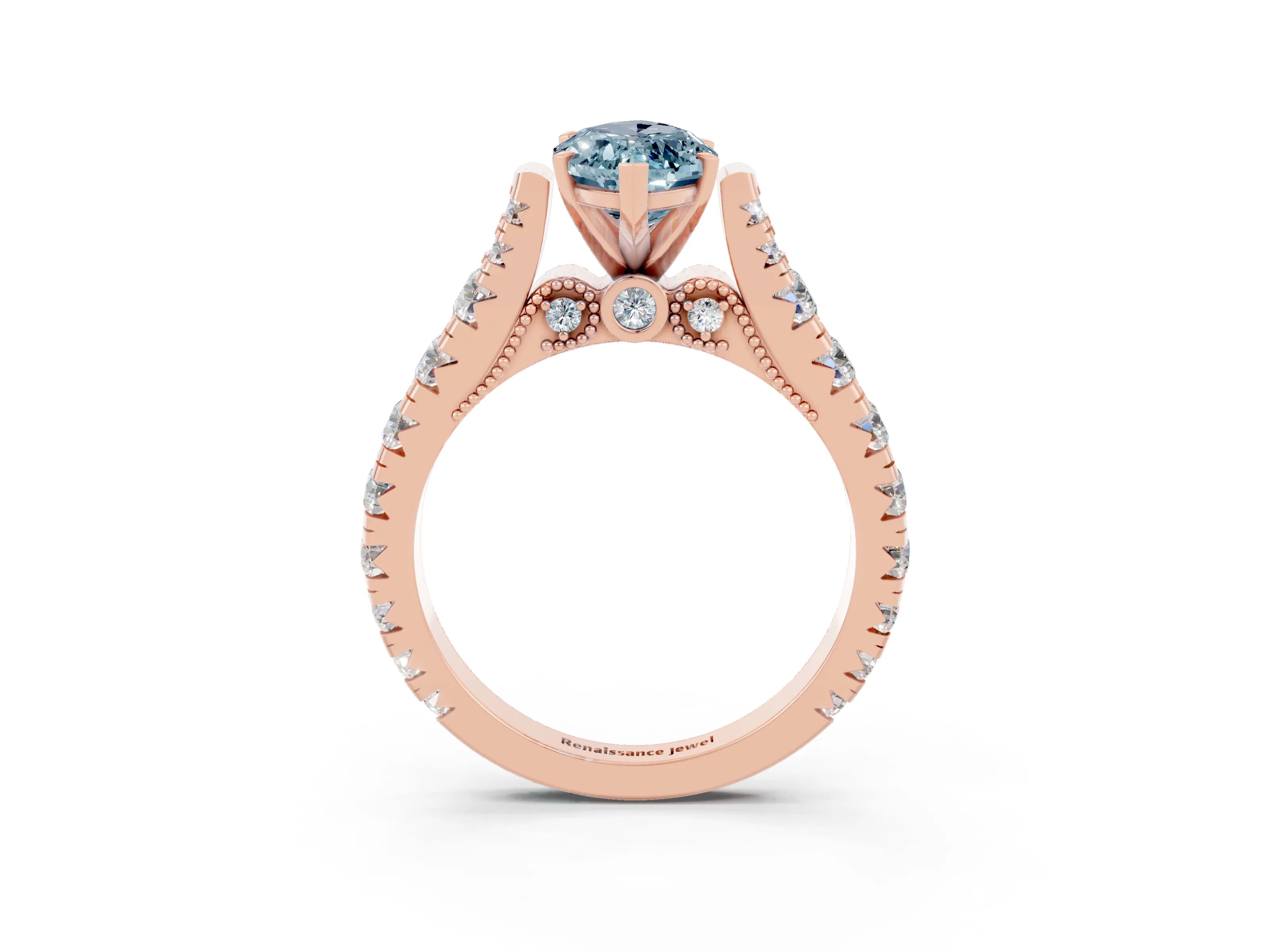 Rose gold Marquise Cut Aquamarine Classic Solitaire Ring with Pavé Band and Four-Prong Setting_3