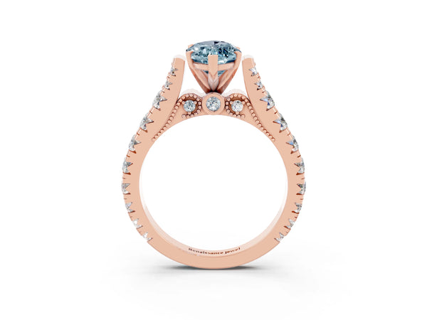 Rose gold Marquise Cut Aquamarine Classic Solitaire Ring with Pavé Band and Four-Prong Setting