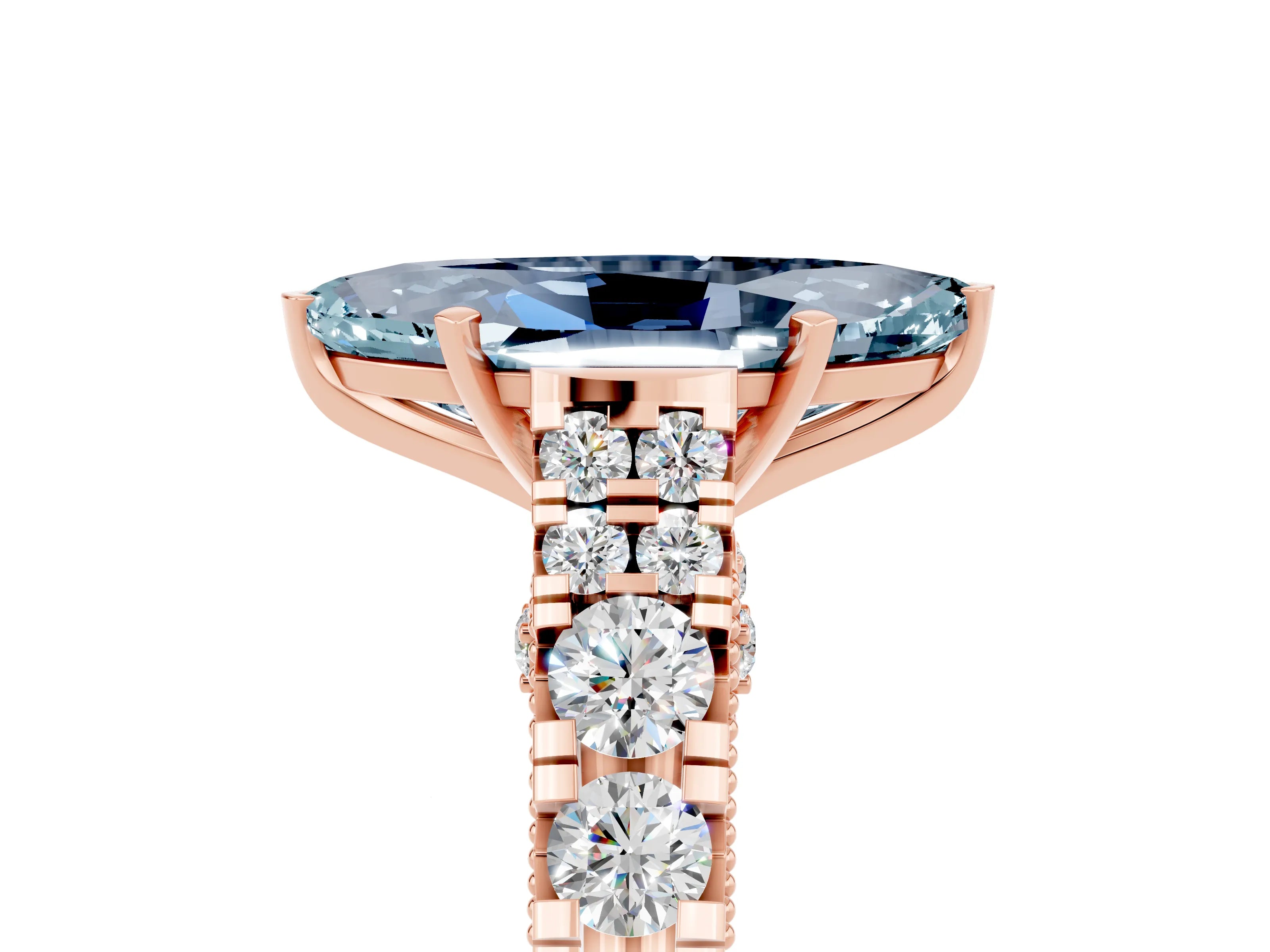 Rose gold Marquise Cut Aquamarine Classic Solitaire Ring with Pavé Band and Four-Prong Setting_5
