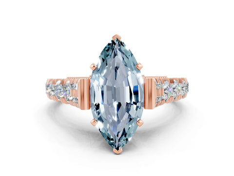 Rose gold Marquise Cut Aquamarine Classic Solitaire Ring with Pavé Band and Four-Prong Setting