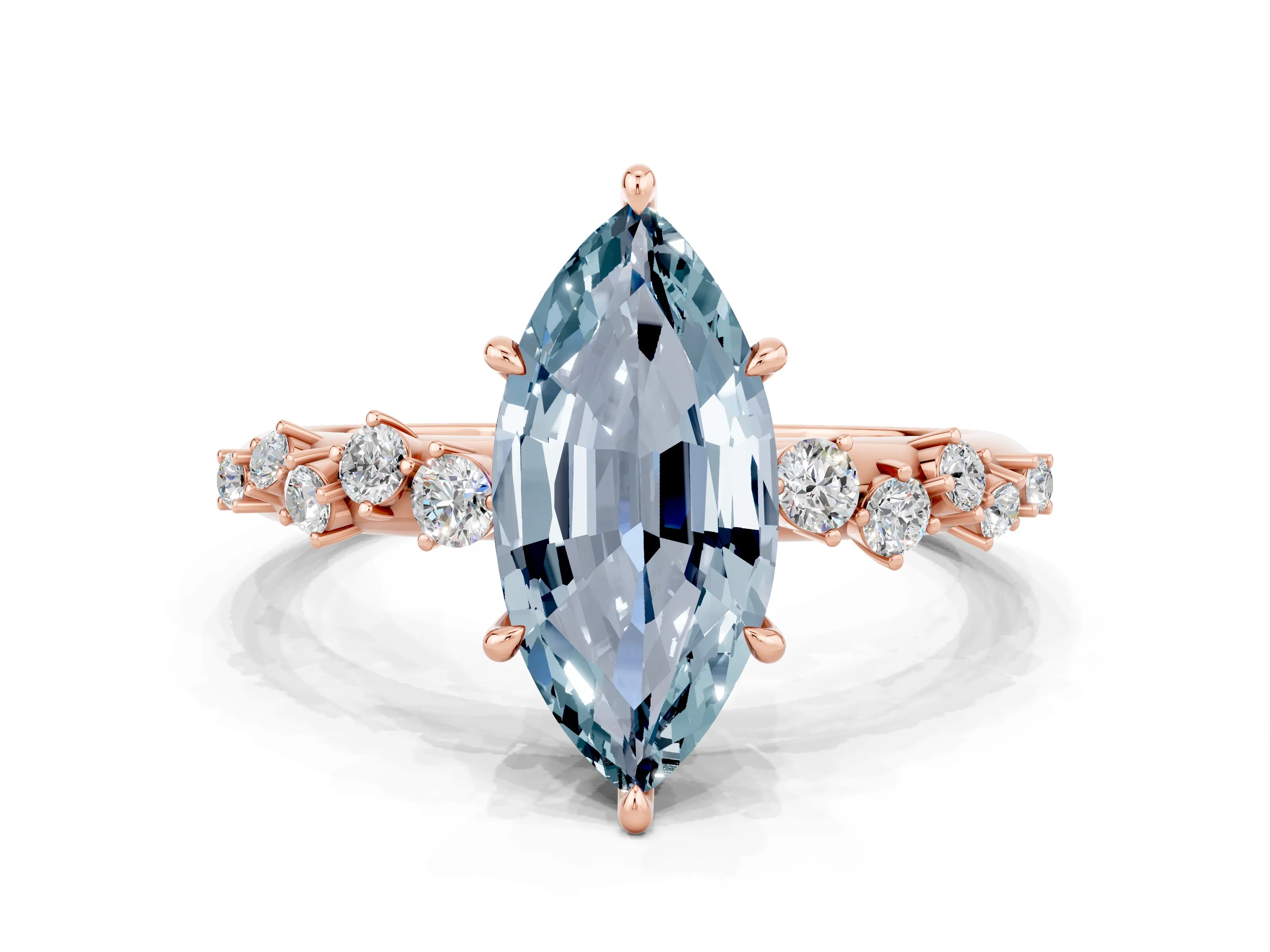 Rose gold Marquise Cut Aquamarine Cluster Side Stone Solitaire Ring with Prong Setting_24