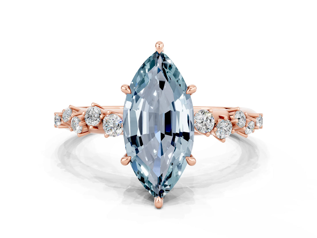 Rose gold Marquise Cut Aquamarine Cluster Side Stone Solitaire Ring with Prong Setting_24