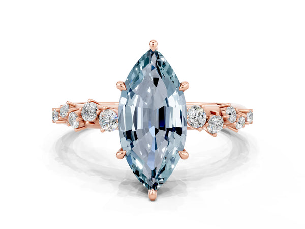 Rose gold Marquise Cut Aquamarine Cluster Side Stone Solitaire Ring with Prong Setting