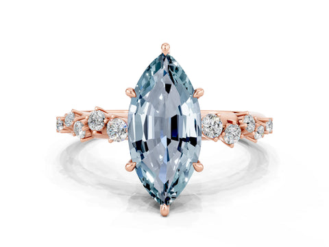 Rose gold Marquise Cut Aquamarine Cluster Side Stone Solitaire Ring with Prong Setting_24
