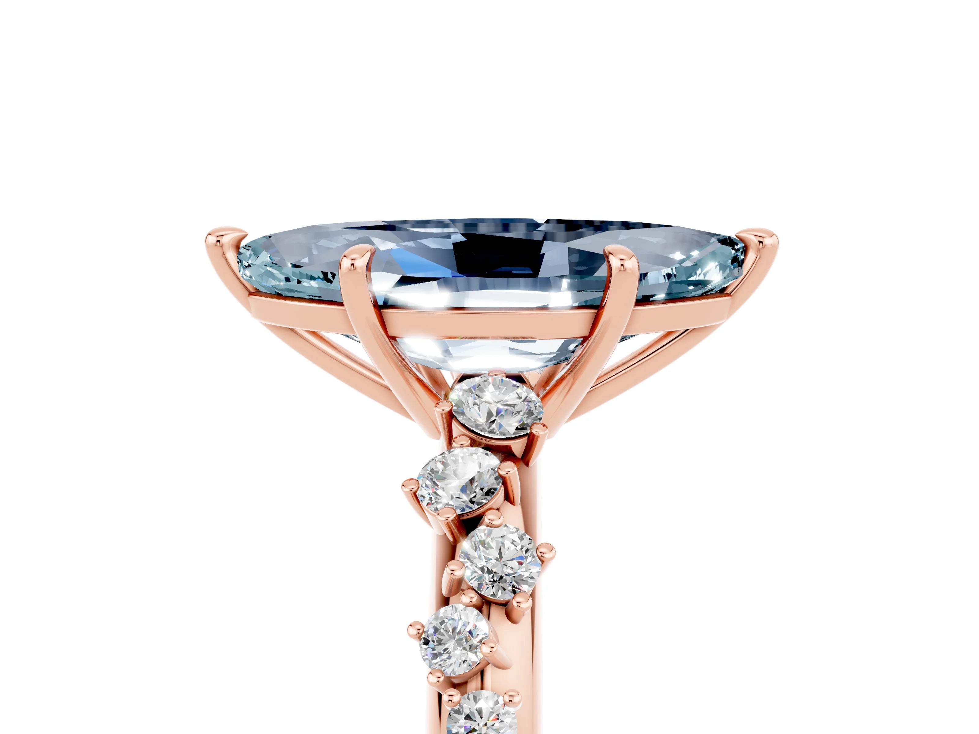 Rose gold Marquise Cut Aquamarine Cluster Side Stone Solitaire Ring with Prong Setting_29