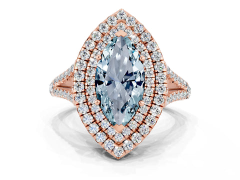 Rose gold Marquise Cut Aquamarine Double Halo Ring with Pavé Band and Prong Setting_12