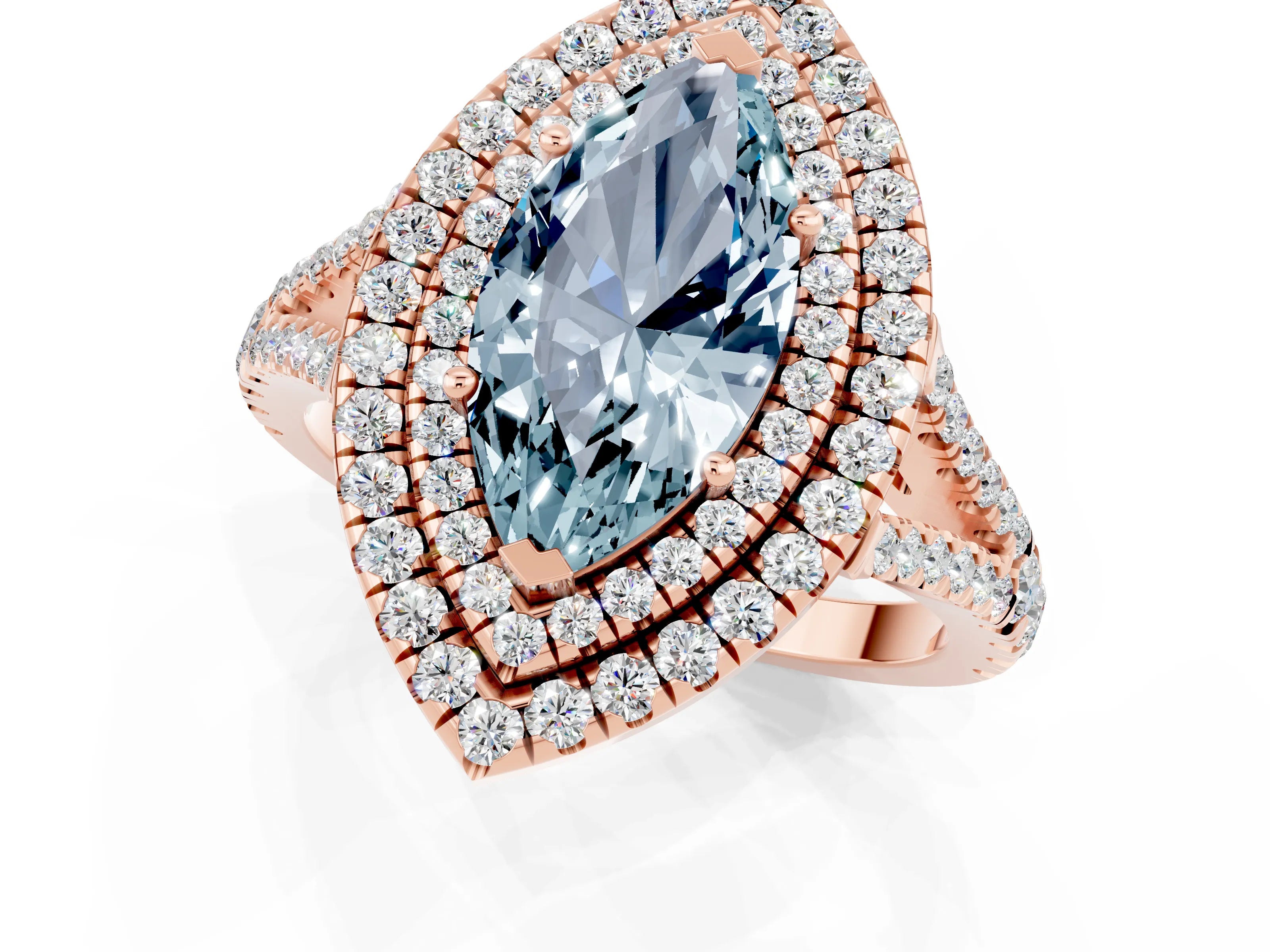 Rose gold Marquise Cut Aquamarine Double Halo Ring with Pavé Band and Prong Setting_13