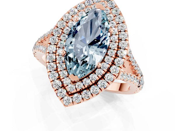 Rose gold Marquise Cut Aquamarine Double Halo Ring with Pavé Band and Prong Setting