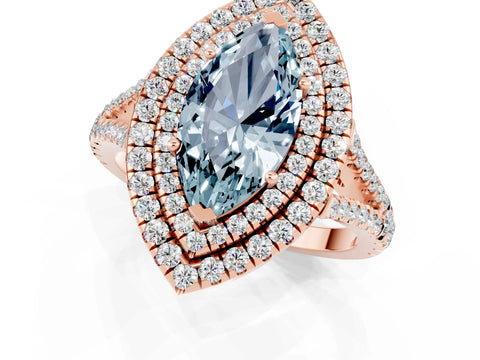 Rose gold Marquise Cut Aquamarine Double Halo Ring with Pavé Band and Prong Setting_13