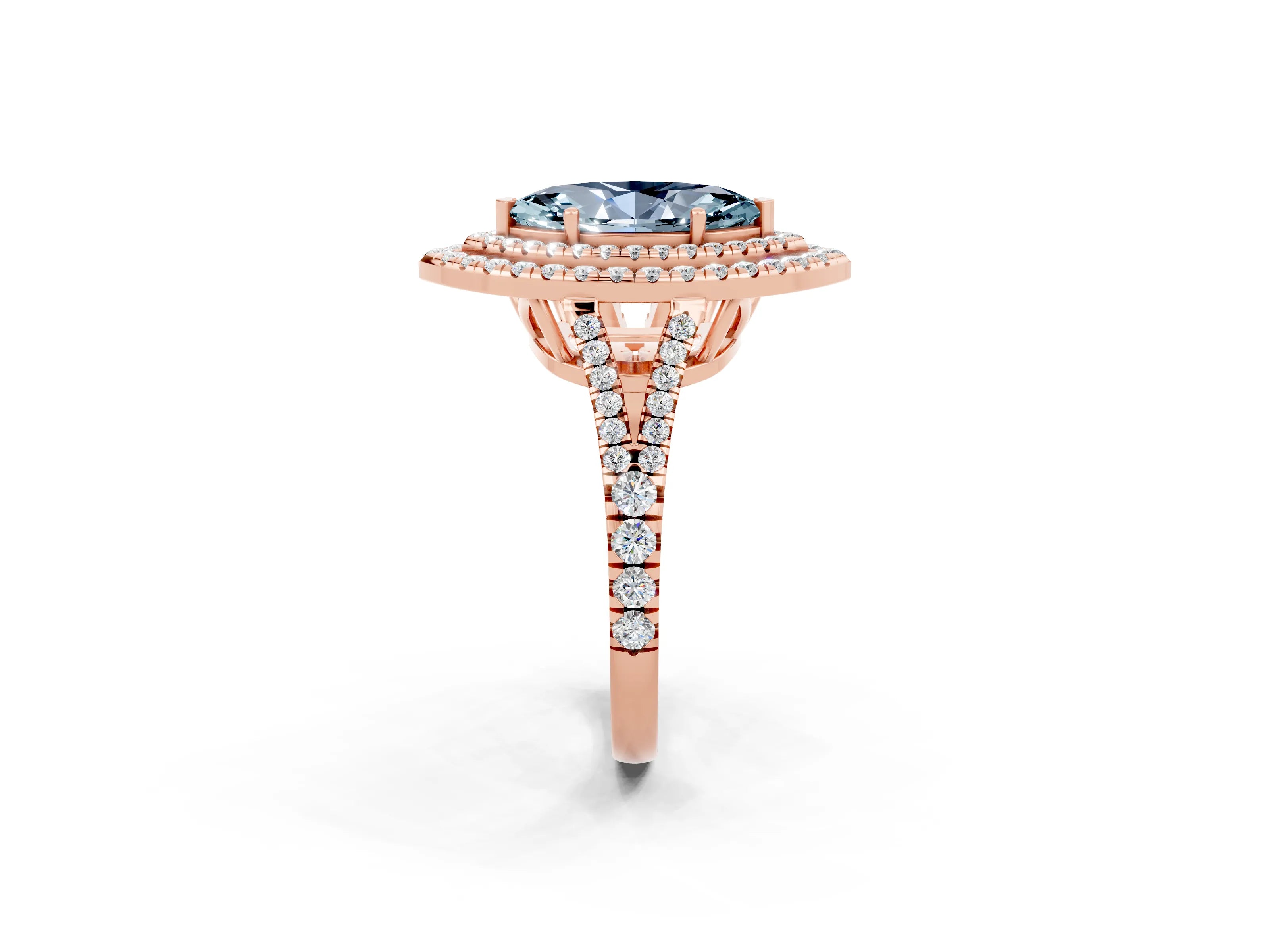 Rose gold Marquise Cut Aquamarine Double Halo Ring with Pavé Band and Prong Setting_14