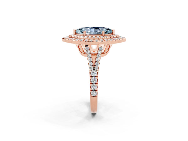 Rose gold Marquise Cut Aquamarine Double Halo Ring with Pavé Band and Prong Setting