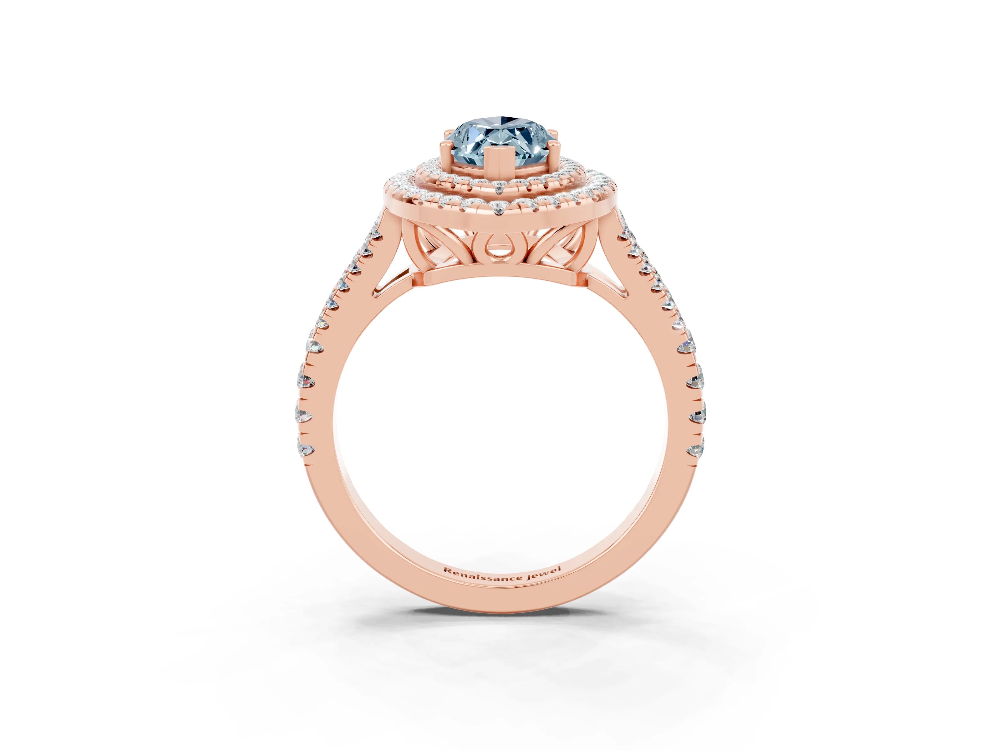 Rose gold Marquise Cut Aquamarine Double Halo Ring with Pavé Band and Prong Setting_15