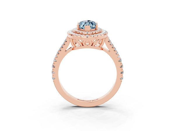 Rose gold Marquise Cut Aquamarine Double Halo Ring with Pavé Band and Prong Setting