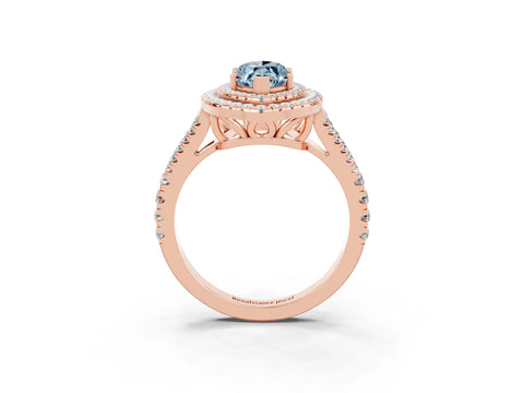 Rose gold Marquise Cut Aquamarine Double Halo Ring with Pavé Band and Prong Setting_15