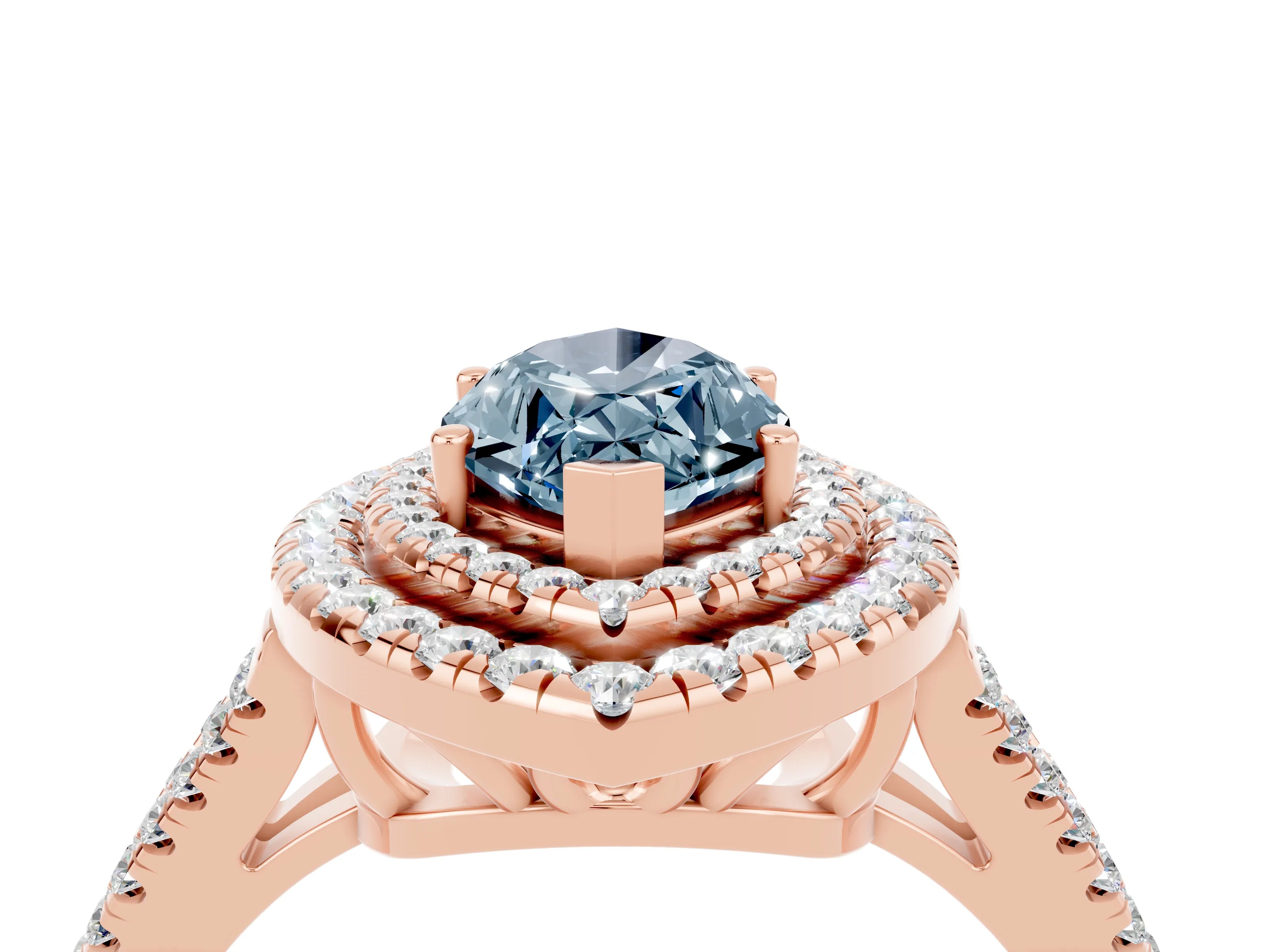 Rose gold Marquise Cut Aquamarine Double Halo Ring with Pavé Band and Prong Setting_16