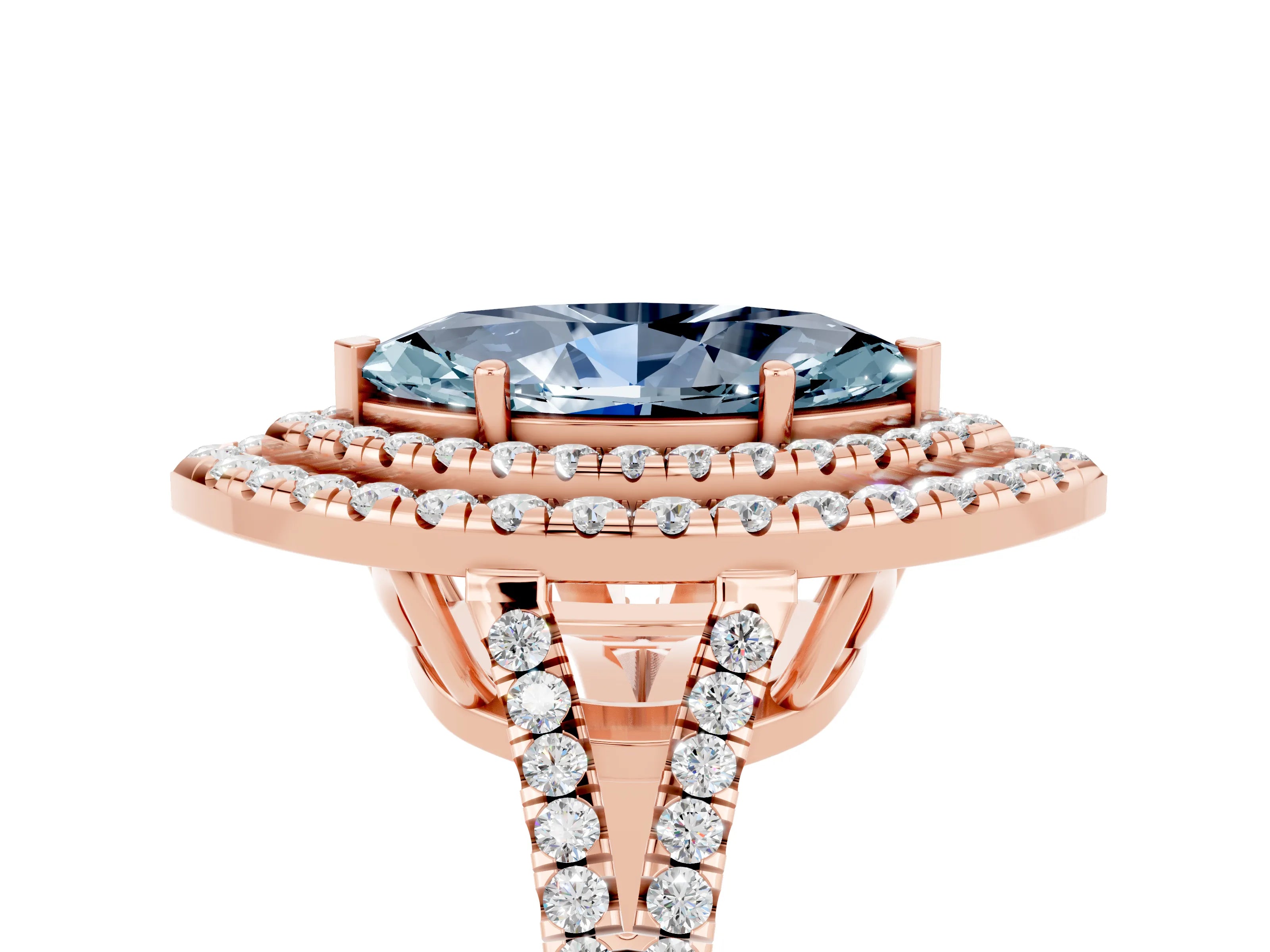 Rose gold Marquise Cut Aquamarine Double Halo Ring with Pavé Band and Prong Setting_17